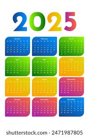 Calendar for 2025 isolated on a white background. Sunday to Monday, business template. Vector illustration