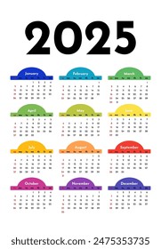 Calendar for 2025 isolated on a white background. Sunday to Monday, business template. Vector illustration