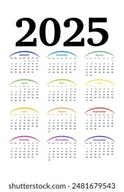 Calendar for 2025 isolated on a white background. Sunday to Monday, business template. Vector illustration