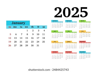 Calendar for 2025 isolated on a white background. Sunday to Monday, business template. Vector illustration