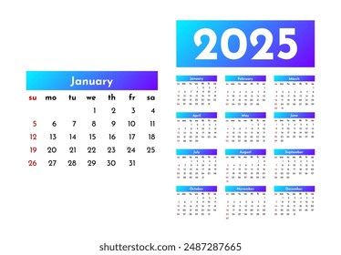 Calendar for 2025 isolated on a white background. Sunday to Monday, business template. Vector illustration