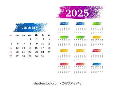 Calendar for 2025 isolated on a white background. Sunday to Monday, business template. Vector illustration