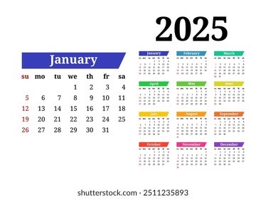 Calendário para 2025 isolado em um fundo branco. De domingo a segunda-feira, modelo de negócios. Ilustração vetorial