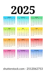 Calendar for 2025 isolated on a white background. Sunday to Monday, business template. Vector illustration