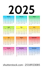 Calendário para 2025 isolado em um fundo branco. De domingo a segunda-feira, modelo de negócios. Ilustração vetorial