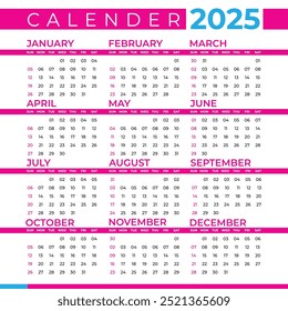 Calendar for 2025 isolated on a white background