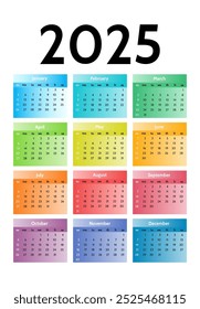 Calendar for 2025 isolated on a white background. Sunday to Monday, business template. Vector illustration
