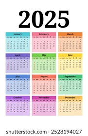 Calendário para 2025 isolado em um fundo branco. De domingo a segunda-feira, modelo de negócios. Ilustração vetorial