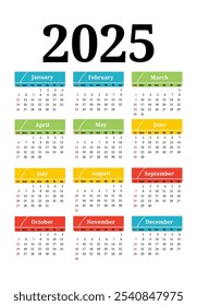 Calendário para 2025 isolado em um fundo branco. De domingo a segunda-feira, modelo de negócios. Ilustração vetorial