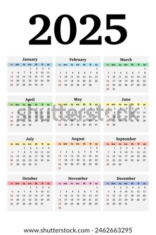 Calendar for 2025 isolated on a white background. Sunday to Monday, business template. Vector illustration