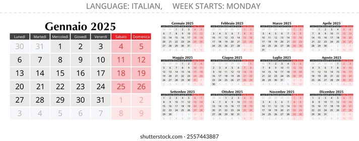 Calendar for 2025. Italian. Collection for 12 month. Vector illustrations for paper printing. For Italy