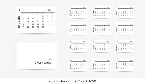 Calendario 2025 en italiano. La semana comienza el lunes. Gráfico vectorial.	