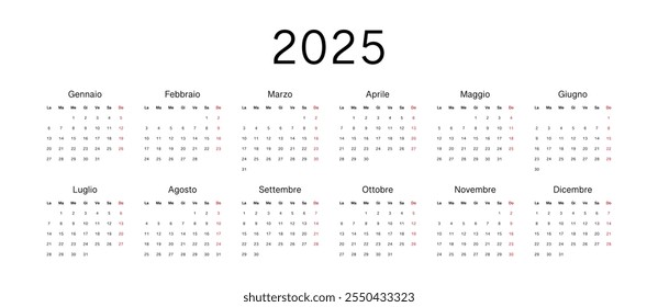 Calendário 2025 em italiano. Calendário trimestral de parede para 2025 em um estilo minimalista clássico. A semana começa na segunda. Conjunto de 12 meses. Modelo de Planejador Corporativo. Formatar horizontal. Vetor 10 eps.