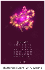 Calendar 2025 January with illustration shining polygonal snake, modern stylish banner, a separate planer sheet. Winter month design