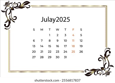 Calendar 2025: July Monthly Planner Template for Corporate Design.