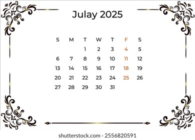 Calendar 2025: July Monthly Planner Template for Corporate Design.