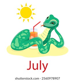 Calendar 2025. July, summer. Cute cartoon snake with a cocktail. Children's design.