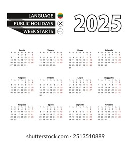 Calendar 2025 in Lithuanian language, week starts on Monday. Vector calendar 2025 year.