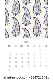 Calendar 2025 March page template with monochrome black and white paisley pattern decoration.