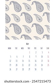 Calendar 2025 May page template with monochrome black and white paisley pattern decoration.