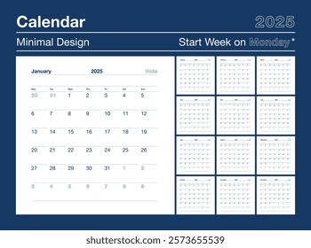 Calendar 2025 minimal design the week starts on Monday