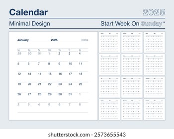 Calendar 2025 minimal design the week starts on Sunday