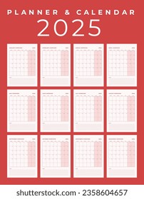 Calendar 2025, Minimal Table Design, Week start Sunday template. 
