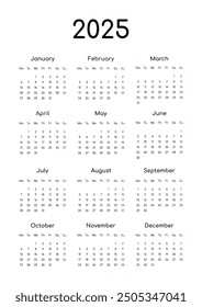 Calendar for 2025. Minimalist style. Black and white, A4, English, week starts Monday.