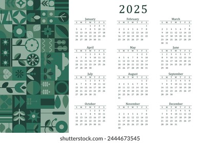 Calendar 2025 modern bauhaus week starting on sunday ready