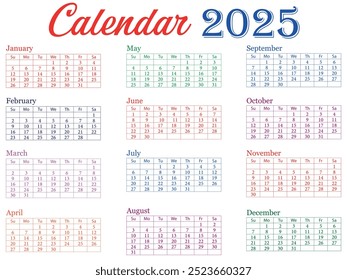 2025. Calendario mensual. Planificador diario. Calendario Editable 2025 Plantilla