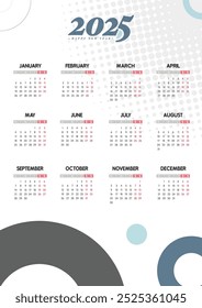 Calendar 2025 new design Corporate Design Template. Week Starts Sunday One Page A4 Business Design Planner Template.
