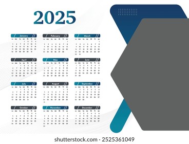 Calendar 2025 new design Corporate Design Template. Week Starts Sunday One Page A4 Business Design Planner Template.
