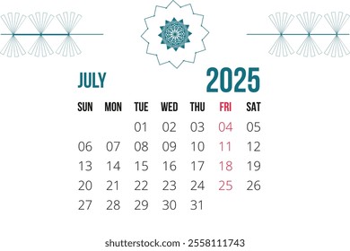 Calendar of 2025 new design single 12 months 