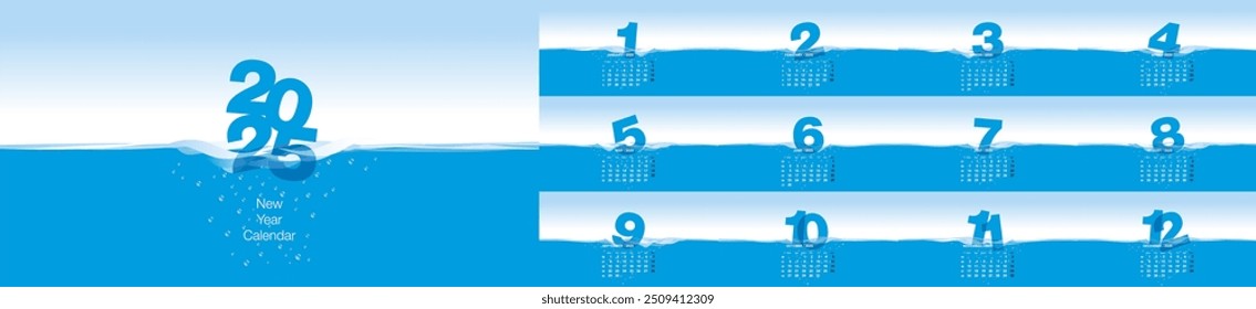 Calendar 2025 New Year Wall Calendar 2025 with numbers floating on slightly agitated water blue background