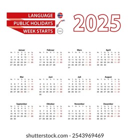 Calendario 2025 en idioma noruego con días festivos en el país de Noruega en el año 2025. La semana comienza el lunes. Ilustración vectorial.