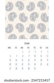 Calendar 2025 October page template with monochrome black and white paisley pattern decoration.