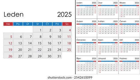 Calendar 2025 on Czech language, week start on Sunday. Layout with Highlighted Weekends