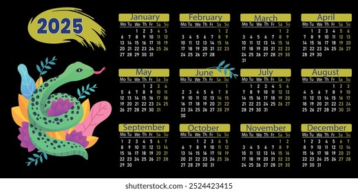 Calendar for 2025 on a dark background. New Year. Year of the snake. Vector illustration.