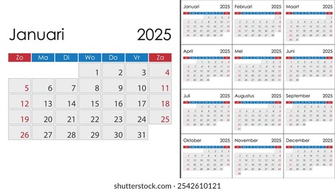 Calendario 2025 en idioma holandés, la semana comienza el domingo. Diseño con fines de semana resaltados