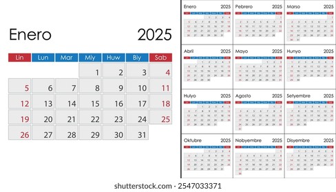 Calendar 2025 on Filipino language, week start on Sunday. Layout with Highlighted Weekends