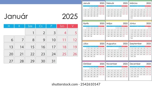 Kalender 2025 auf Ungarisch, Wochenstart am Montag. Layout mit markierten Wochenenden