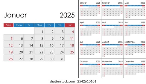 Calendario 2025 en idioma noruego, la semana comienza el domingo. Diseño con fines de semana resaltados