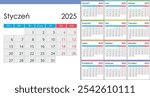 Calendar 2025 on Polish language, week start on Monday. Layout with Highlighted Weekends