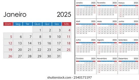 Calendário 2025 em língua portuguesa, semana começa no domingo. Layout com Fins de Semana Realçados