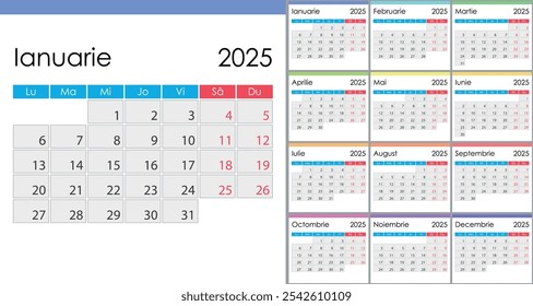 Calendario 2025 en idioma rumano, la semana comienza el lunes. Diseño con fines de semana resaltados