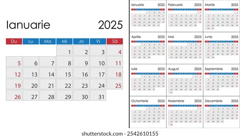 Calendario 2025 en idioma rumano, la semana comienza el domingo. Diseño con fines de semana resaltados