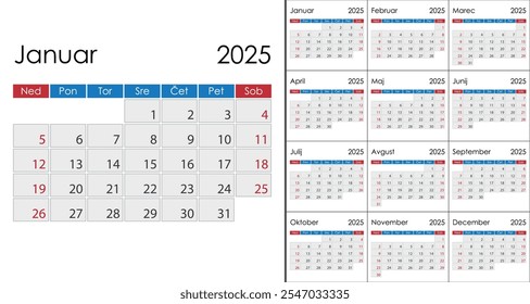 Calendário 2025 em língua eslovena, semana começa no domingo. Layout com Fins de Semana Realçados