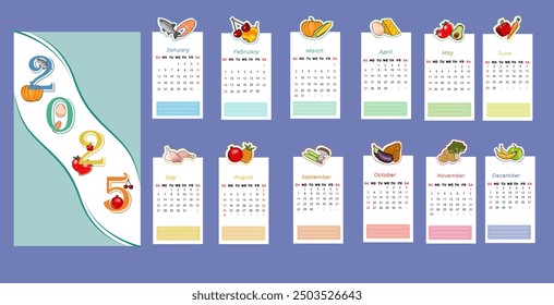 Calendar for 2025 on the theme "Healthy eating" with space for notes. Vector. Planner with all months.