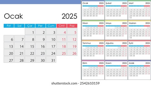 Calendar 2025 on Turkish language, week start on Monday. Layout with Highlighted Weekends