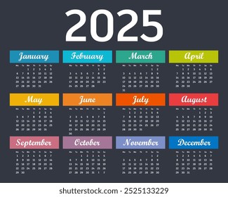 Calendar 2025 on white background. Colorful calendar 2025 year. Simple vector template